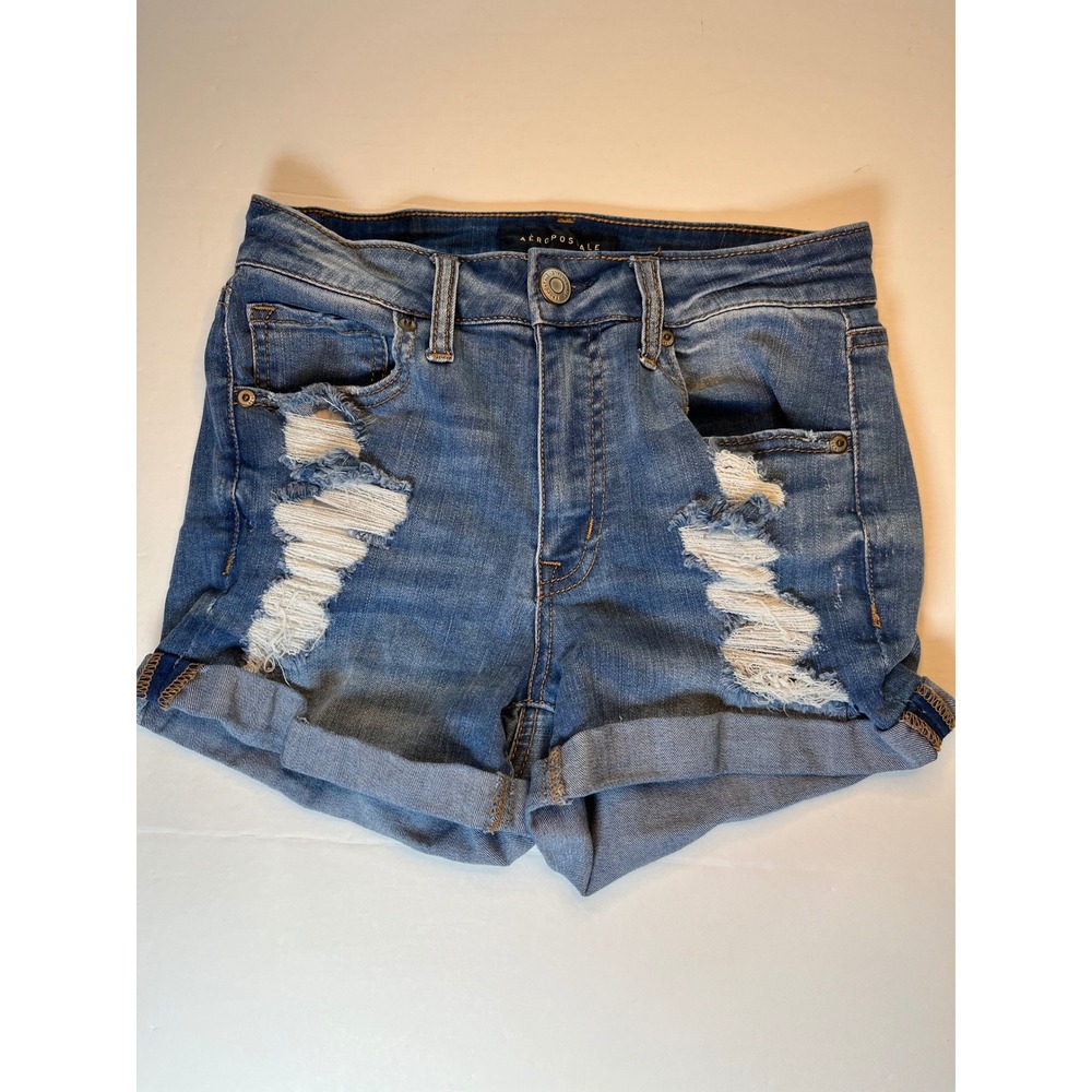 Aeropostale High Waisted Midi Denim Shorts Medium Wash Distressed Size 2